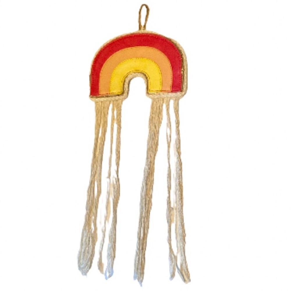 Rainbow BoHo Pride Wall Hanging Rope Twine Stitched Faux Leather 16.4” Tall